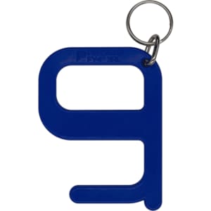 A blue Hygiene Key attached to a metal keyring, designed for convenient access. Features a simple, modern shape.