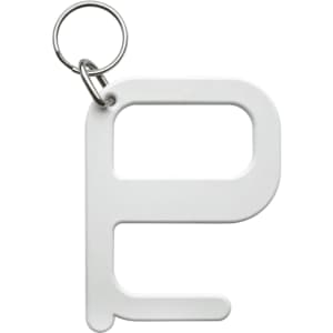 A white Hygiene Key shaped like a letter "P" with a keyring attachment.