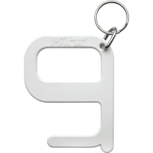 A white Hygiene Key with a keyring attachment, featuring a simple, modern design.