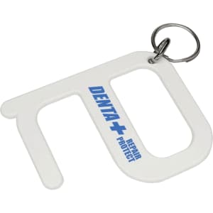 A white hygiene key in a keyring format, featuring a branded logo.
