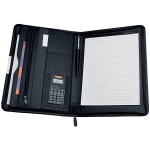 A black A4 zip compendium featuring a calculator, pen holder, card slots, and lined notepaper.