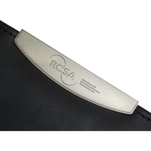 A black compendium featuring a silver metal clip with a logo, designed for office and business use.
