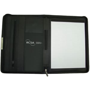 A black A4 zip compendium with an inner notepad, pockets, and a calculator. It features a logo.