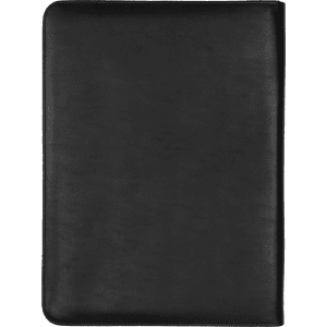 A black zip compendium with a smooth finish, featuring a calculator and an interior pocket.