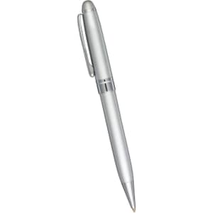 A metal ballpoint pen in silver with a sleek design and a clip for easy attachment. Features a logo.