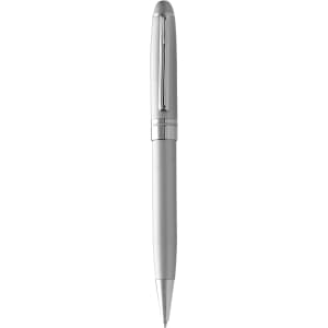 A silver metal ballpoint pen with a clip and sleek design, featuring a logo on its body.