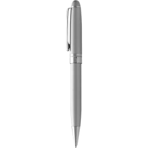 A metal ballpoint pen in silver with a sleek design and a clip. It features branding on the surface.