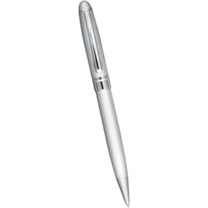 A silver ballpoint pen with a sleek design and a clip, featuring a logo on its side.