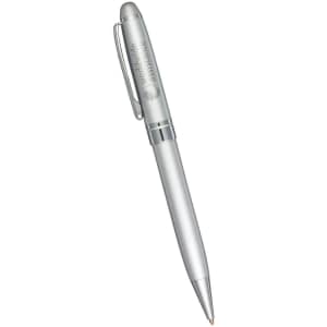 A silver metal ballpoint pen with a shiny finish and a clip. It features a logo on the barrel.