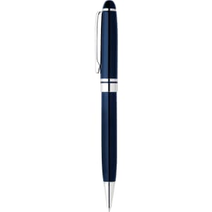 A navy blue metal ballpoint pen with silver accents and a clip, featuring a logo.