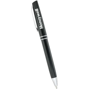 A black metal ballpoint pen with silver accents and a logo on the side.