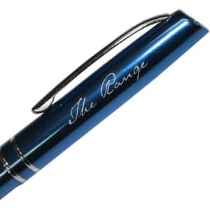 A blue metal ballpoint pen with a silver clip and a branding logo engraved on the barrel.