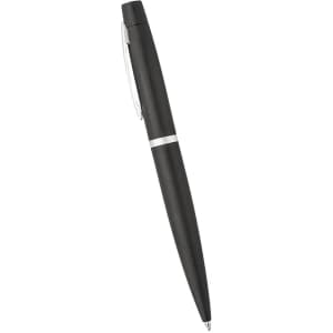 A sleek black metal twist action pen with a silver accent and clip, featuring a branding logo.