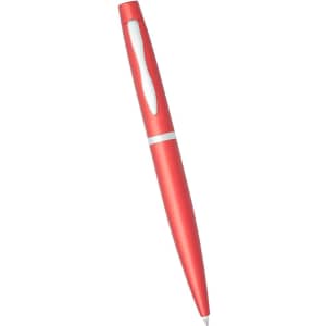 A red metal twist action pen with a sleek design and a logo on the surface.
