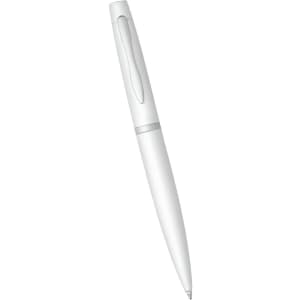 A twist action pen in white, featuring a sleek metal design and a clip for easy attachment.