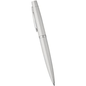 A sleek silver metal pen with a twist action mechanism and a clip, featuring a logo.