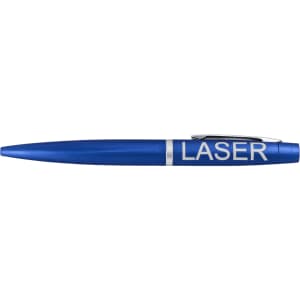 A blue metal pen with a silver trim and a branded logo.