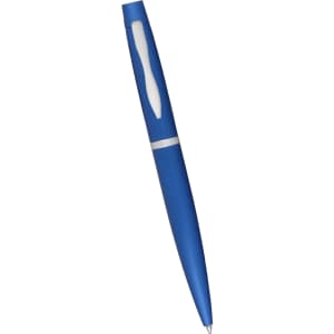 A blue metal twist action pen with a white grip and a logo.