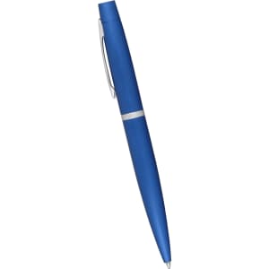 A blue twist action pen featuring a sleek metallic design and a silver clip. It includes a branding logo.
