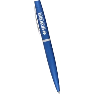 A blue metal twist action pen with a branding logo and a sleek design.