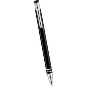 A black metal ballpoint pen with silver accents and a clip, featuring a sleek design.