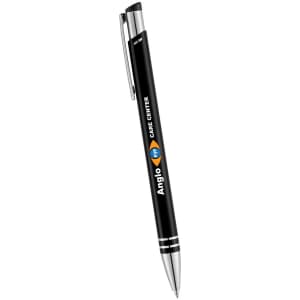 A black metal ballpoint pen with a silver clip and a logo on the barrel.