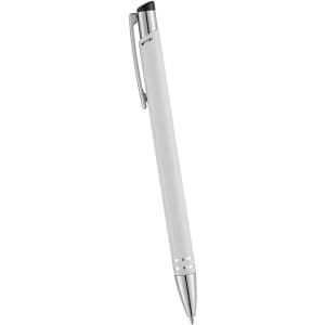 A metal ballpoint pen in white with silver accents and a clip, featuring a simple design and prominent branding.