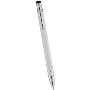 A silver ballpoint pen with a sleek design and a clip, featuring a logo on the body.