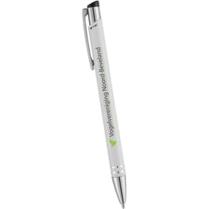 A metal ballpoint pen in white with a silver clip and a logo printed on the barrel.