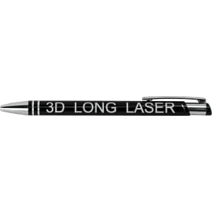 A metal ballpoint pen in black with a silver clip and trim, featuring a branding logo.