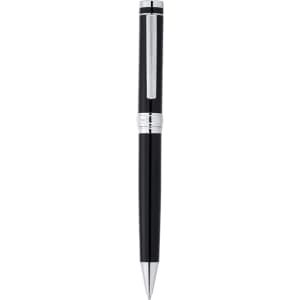 A black metal ballpoint pen with silver accents and a clip, featuring a branded logo.