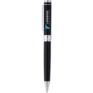 A metal ballpoint pen in black with silver accents and a logo. Ideal for writing and stationery.