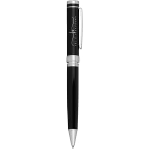 A sleek black metal ballpoint pen with silver accents and a clip, featuring a logo on its barrel.