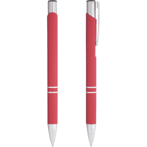 A red metal ballpoint pen with a sleek design and silver accents, featuring a clip and a smooth click action.