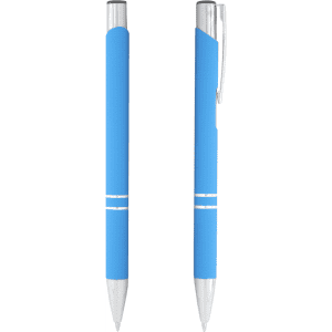 A blue metal ballpoint pen with chrome accents and a smooth grip, featuring a clip and a logo.
