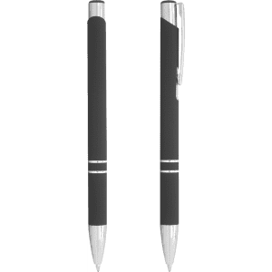 A black metal ballpoint pen with a silver clip and accents, featuring a sleek design and a logo.