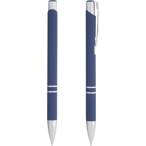 A blue metal ballpoint pen with silver accents and a clip, featuring a sleek, modern design and branding.