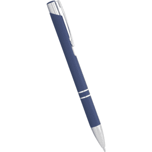A blue metal ballpoint pen with a silver clip and accents, featuring a smooth click action mechanism.