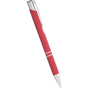A red metal ballpoint pen with a silver clip and accents, featuring a logo.