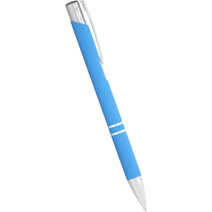 A blue metal ballpoint pen featuring a silver clip and accents. The pen has a textured grip for comfort.