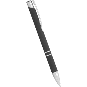 A black metal ballpoint pen with a silver clip and accents, featuring a logo on its surface.