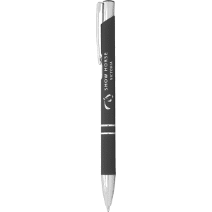 A sleek black ballpoint pen with silver accents and a logo on the barrel. Ideal for promotional use.