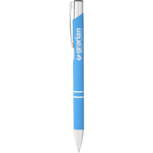 A blue metal ballpoint pen with a silver clip and a logo on the barrel.