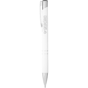 A white metal ballpoint pen with a click action mechanism and silver accents, featuring a logo.