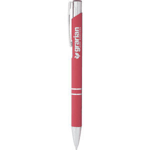 A pink metal ballpoint pen with a shiny clip and branding on the barrel.