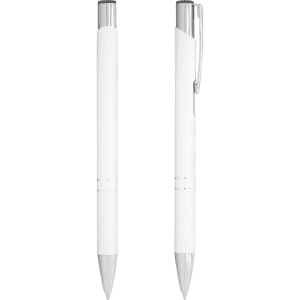 A white ballpoint pen with a metal clip and accents, featuring a branding logo.