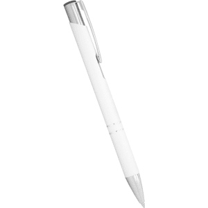 A white ballpoint pen with a metal clip and silver accents. The pen features a sleek, modern design and includes a logo.