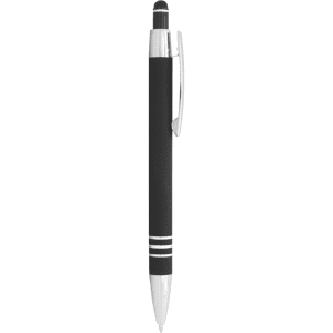 A black ballpoint pen with a stylus tip and silver accents, featuring a clip and two decorative rings.