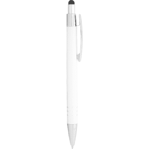 A white ballpoint pen with a silver clip and a black stylus tip, featuring a branding logo.