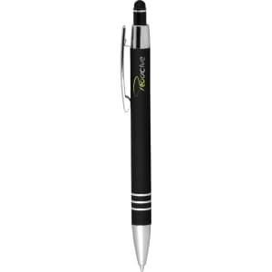 A black ballpoint pen with a stylus tip and silver accents, featuring a clip and branding.